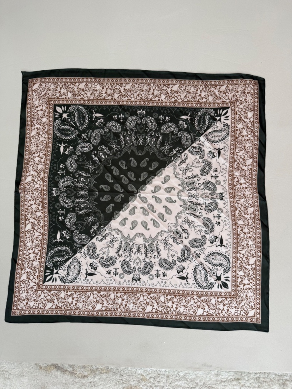 Paisley Bandana Print Square Scarf Black Brown Cream